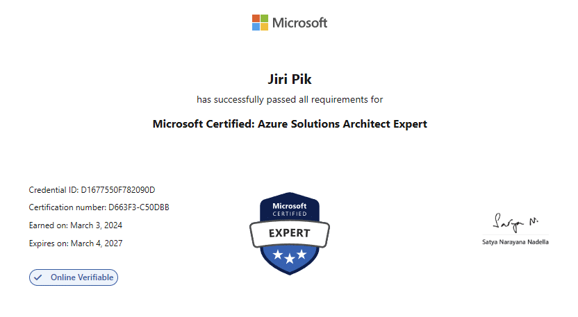 A Microsoft certificate awarded to Jiri Pik for passing all requirements as a Microsoft Certified: Azure Solutions Architect Expert, with details on credential ID, certification number, dates, and a signature from Satya Nadella.