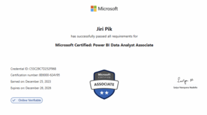 A Microsoft certificate awarded to Jiri Pik for completing all requirements as a Microsoft Certified: Power BI Data Analyst Associate. Includes certification details, an associate badge, and Satya Nadellas signature.