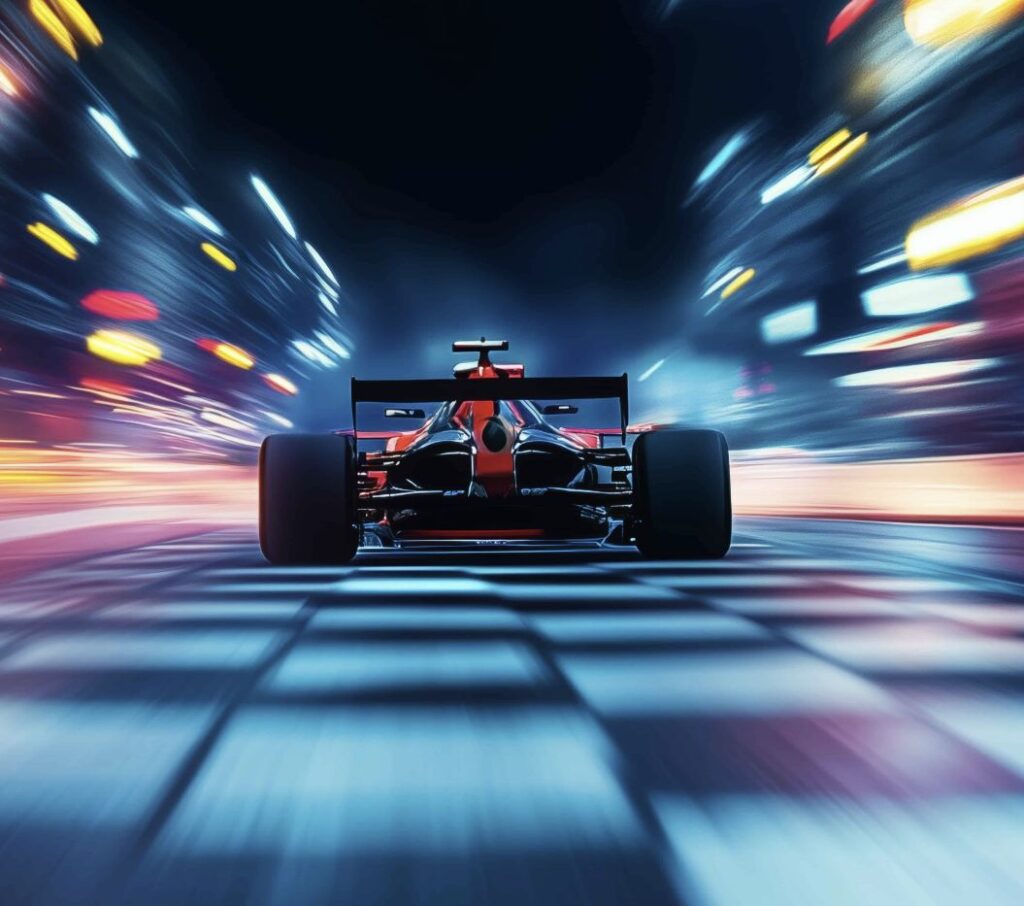 A red Formula 1 car speeds across a checkered finish line at night, city lights blurring like a Python Docker image performance benchmark—capturing motion and excitement in a vivid rush.