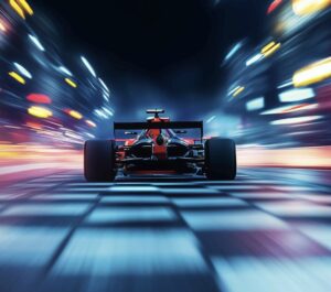 A red Formula 1 car speeds across a checkered finish line at night, city lights blurring like a Python Docker image performance benchmark—capturing motion and excitement in a vivid rush.