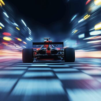A red Formula 1 car speeds across a checkered finish line at night, city lights blurring like a Python Docker image performance benchmark—capturing motion and excitement in a vivid rush.
