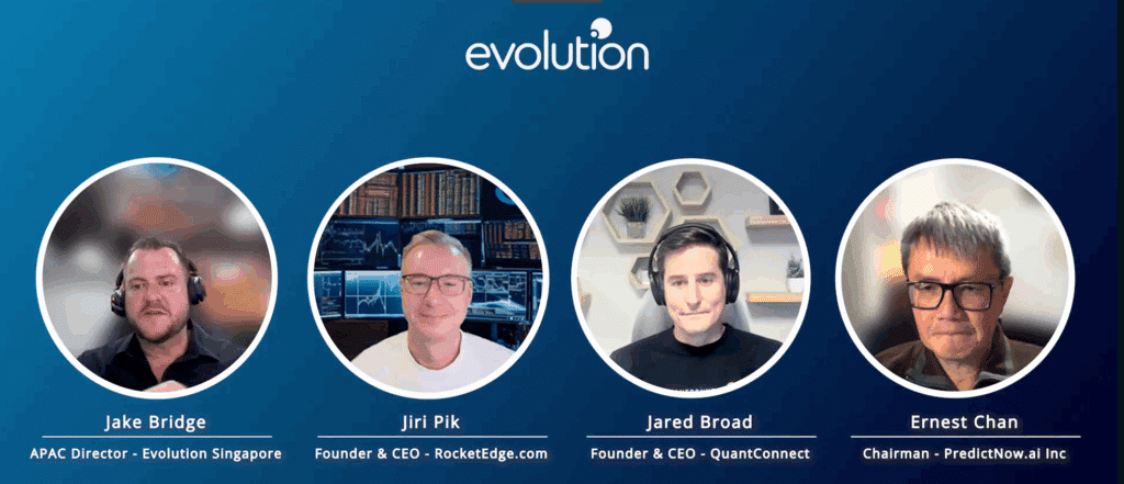 A virtual panel discussion with four speakers—Jake Bridge, Jiri Pik, Jared Broad, and Ernest Chan—displayed in circular frames on a blue background with the Evolution logo above them.