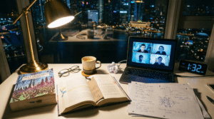 A desk at night with an open textbook, notebook, coffee cup, crumpled paper, and laptop showing a video call with four people. City lights are visible through the window in the background. The clock reads 1:32 AM.