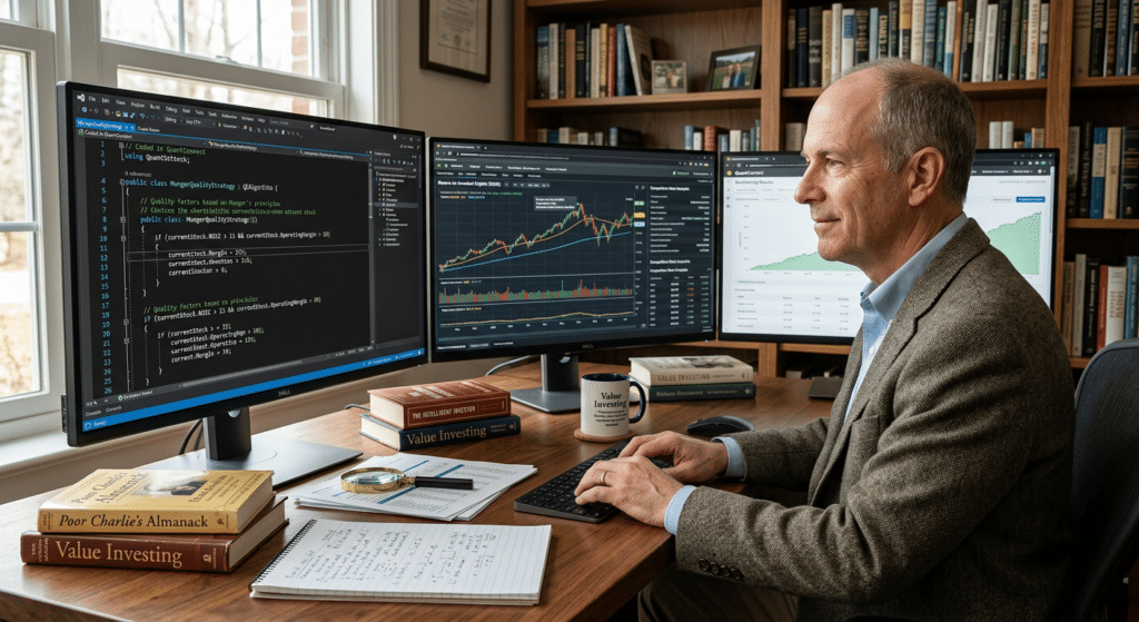 A man in a blazer sits at a desk with two monitors showing code and stock charts. Books about value investing, a notebook, and a coffee mug are on the desk, with bookshelves and a window in the background.