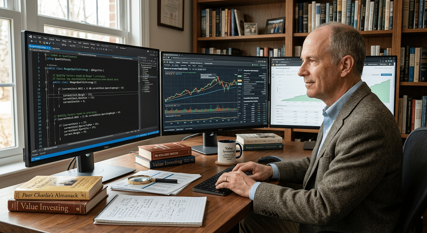 A man in a blazer sits at a desk with two monitors showing code and stock charts. Books about value investing, a notebook, and a coffee mug are on the desk, with bookshelves and a window in the background.