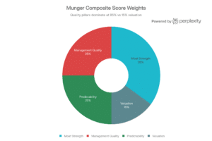 A donut chart titled Munger Composite Score Weights shows Moat Strength 35%, Management Quality 25%, Predictability 25%, and Valuation 15%. Powered by Perplexity is displayed in the top right corner.