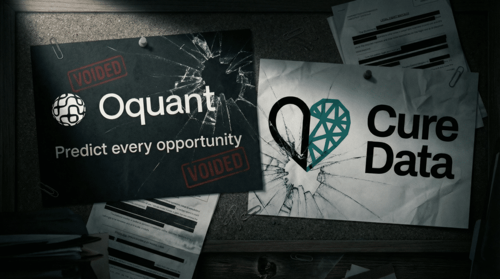 Two damaged business signs on a bulletin board, both stamped VOIDED. One reads Oquant: Predict every opportunity, and the other Cure Data with a cracked logo resembling a location pin and diamond. Torn papers surround the signs.