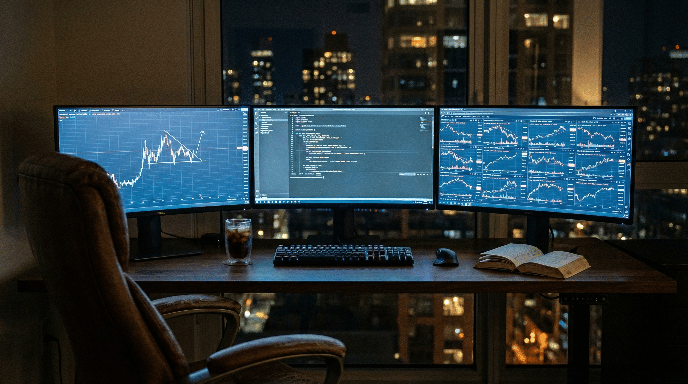 A home office setup at night with three monitors displaying stock charts and code, a keyboard, mouse, an open book, and a glass of dark beverage on a desk, with city lights visible through the window.