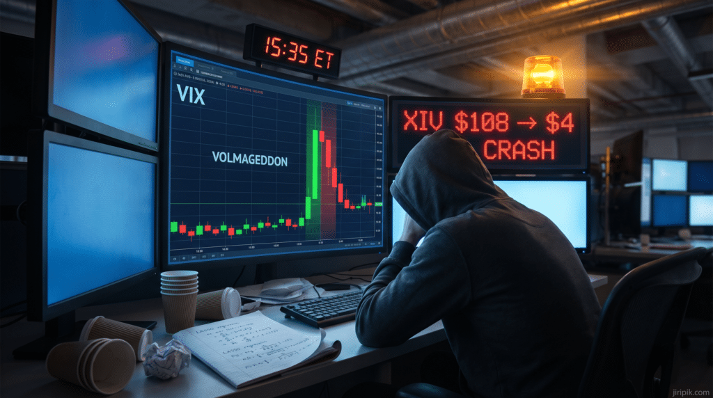 A person in a hoodie sits at a desk with their head in their hands, surrounded by monitors showing a crashing stock chart labeled VIX and warning signs such as CRASH and VOLMAGEDDON. Empty cups and papers are scattered on the desk.