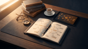 A desk with an open notebook showing a business strategy diagram, a pen, glasses, a compass, stacked books, a cup of coffee, and a tablet displaying a flowchart, all lit by warm sunlight.