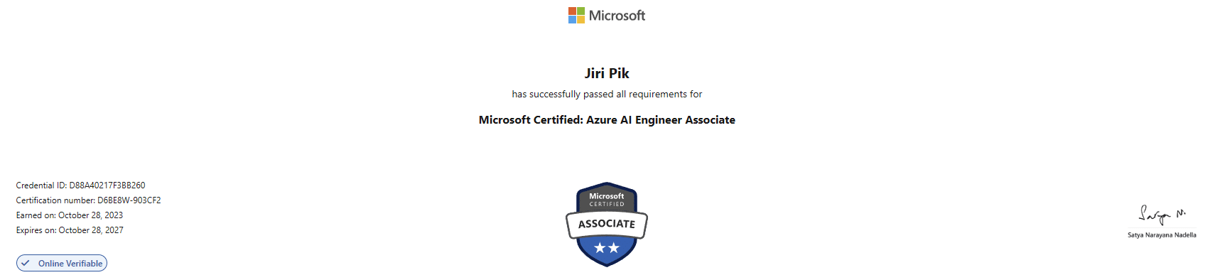 Microsoft Azure AI Engineer Associate certificate awarded to Jiri Pik, issued on October 29, 2023, expiring October 29, 2024, with a badge and signature from Satya Nadella.