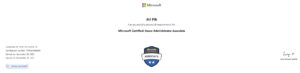 A Microsoft certificate awarded to Jiri Pik for passing all requirements for Microsoft Certified: Azure Administrator Associate, with certification details, an official badge, and a signature at the bottom right.