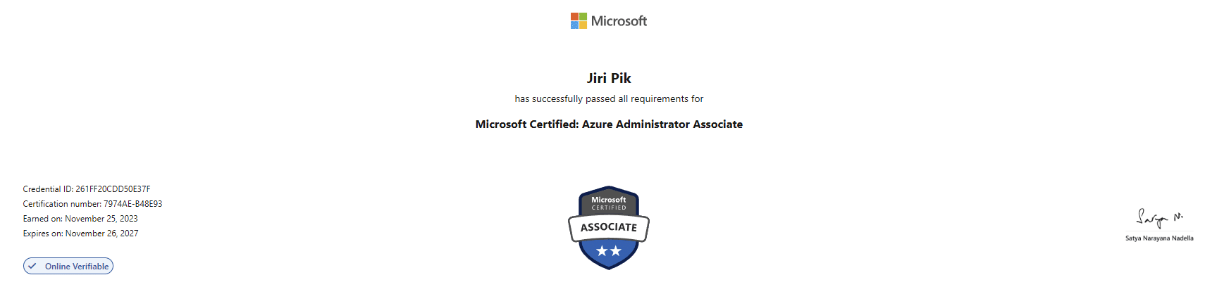 A Microsoft certificate awarded to Jiri Pik for passing all requirements for Microsoft Certified: Azure Administrator Associate, with certification details, an official badge, and a signature at the bottom right.