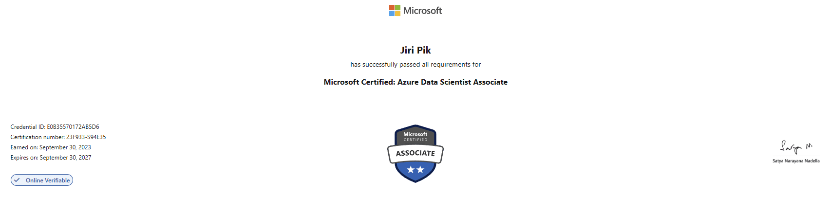A Microsoft certificate awarded to Jiri Pik for completing the requirements for the Microsoft Certified: Azure Data Scientist Associate. It includes certification and expiration dates, a badge, and an official signature.
