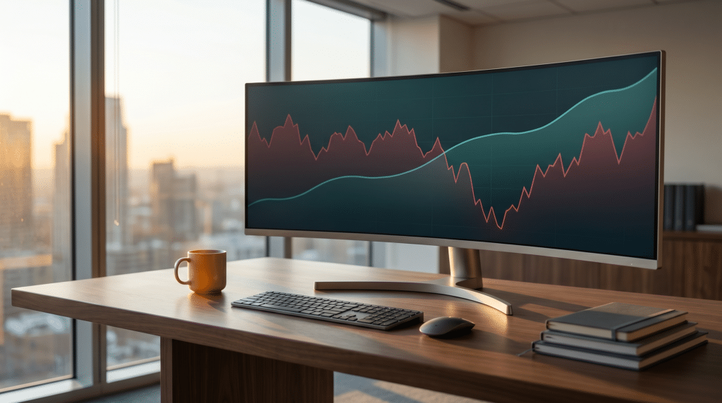 A curved monitor on a desk displays a graph with red and blue lines. The desk also has a keyboard, mouse, coffee mug, and stacked books. Large windows show a cityscape at sunset in the background.