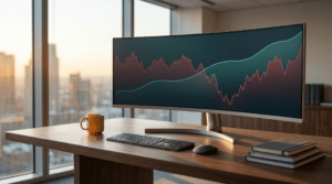 A curved monitor on a desk displays a graph with red and blue lines. The desk also has a keyboard, mouse, coffee mug, and stacked books. Large windows show a cityscape at sunset in the background.