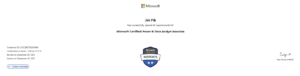 A Microsoft certificate awarded to Jiri Pik for successfully passing all requirements for Microsoft Certified: Power BI Data Analyst Associate, showing certificate ID, dates, and a digital badge.