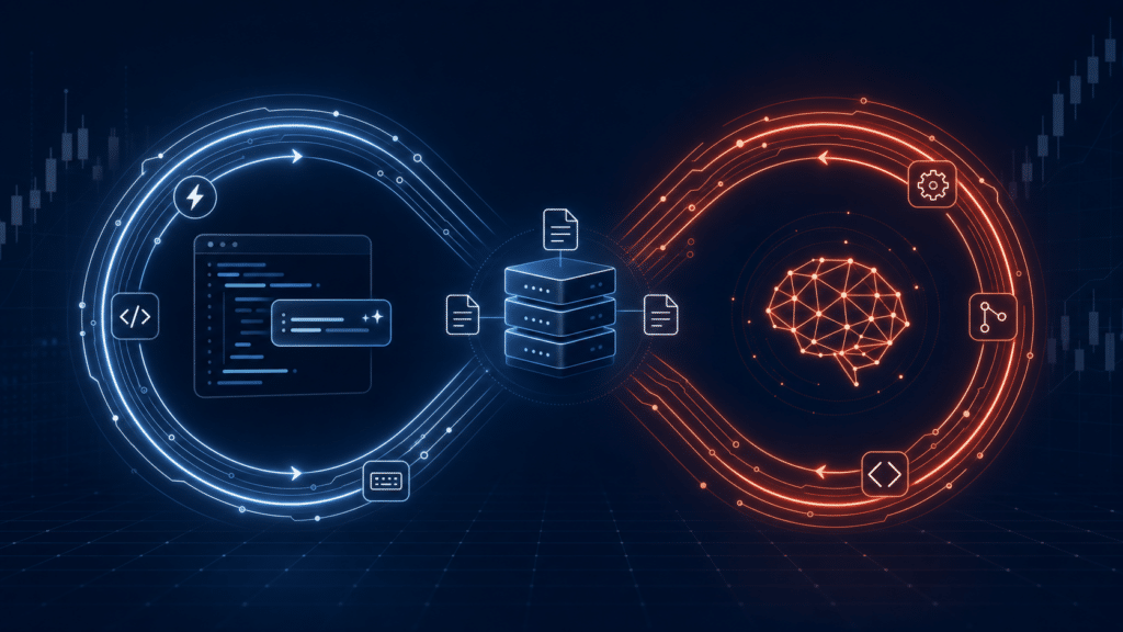A digital infinity loop diagram showing blue coding icons on the left, server icons in the center, and red AI and gear icons on the right, representing the integration of software development and artificial intelligence.