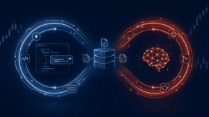 A digital infinity loop diagram showing blue coding icons on the left, server icons in the center, and red AI and gear icons on the right, representing the integration of software development and artificial intelligence.