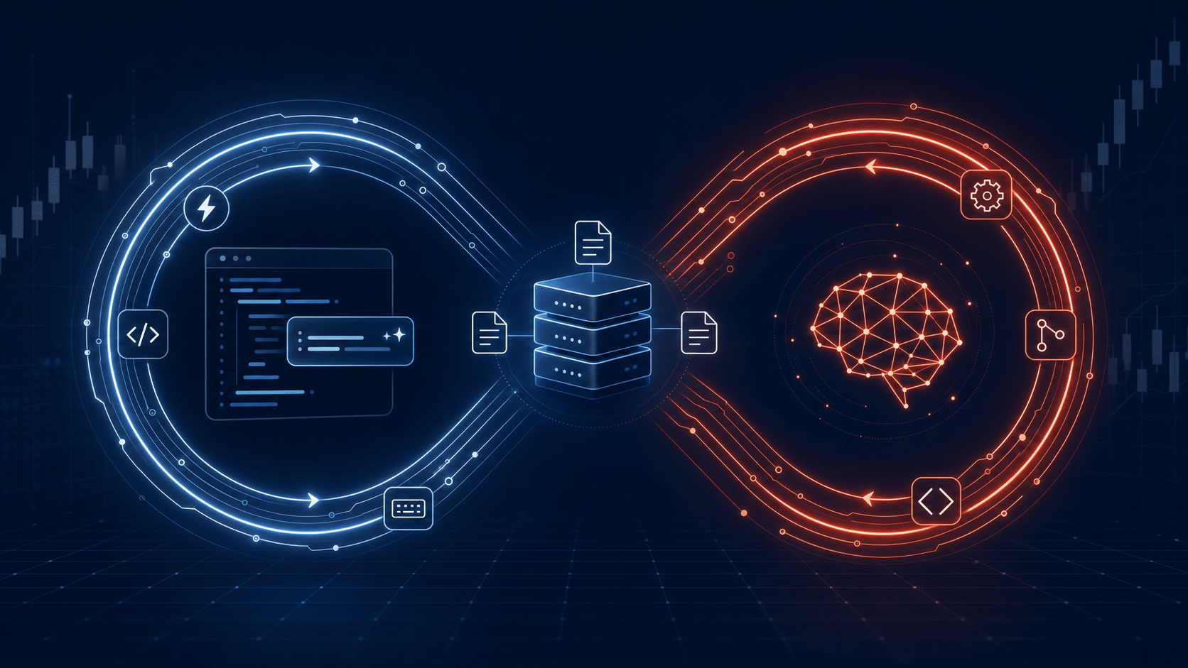 A digital infinity loop diagram showing blue coding icons on the left, server icons in the center, and red AI and gear icons on the right, representing the integration of software development and artificial intelligence.