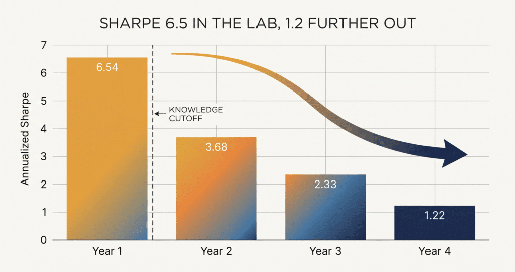 Bar chart showing annualized Sharpe ratios declining from 6.54 in Year 1 to 3.68 in Year 2, 2.33 in Year 3, and 1.22 in Year 4. A large arrow points downward after a knowledge cutoff dashed line.