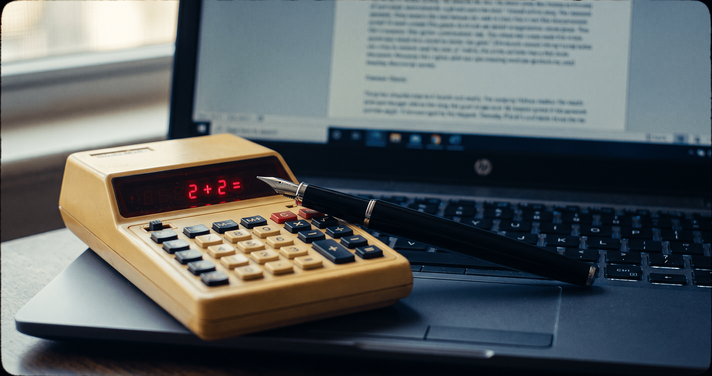 A yellow calculator displaying 2+2, a black pen resting on it, and an open laptop with a document on the screen in the background.