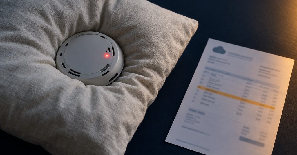 A smoke detector with a red indicator light is on a pillow next to a paper with a cloud logo and itemized list, suggesting a bill or statement, on a dark surface.
