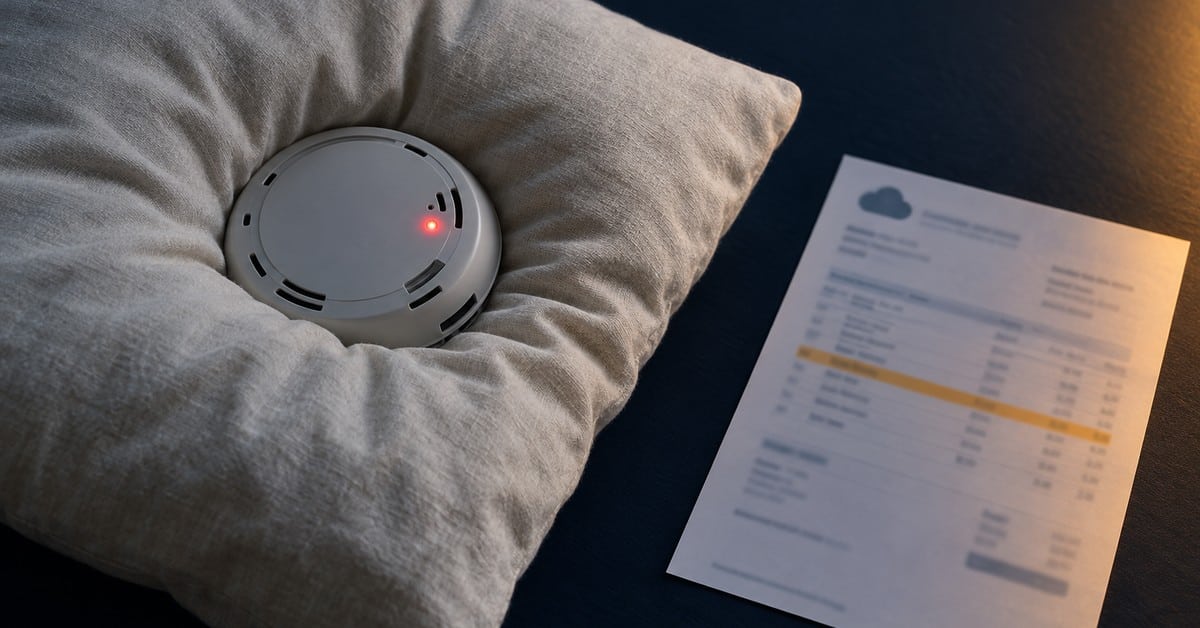 A smoke detector with a red indicator light is on a pillow next to a paper with a cloud logo and itemized list, suggesting a bill or statement, on a dark surface.