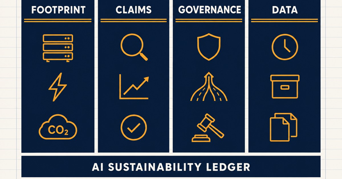 Infographic titled AI Sustainability Ledger with four columns: Footprint, Claims, Governance, and Data, each with related icons such as servers, magnifying glass, shield, and files. Navy blue and yellow color scheme.