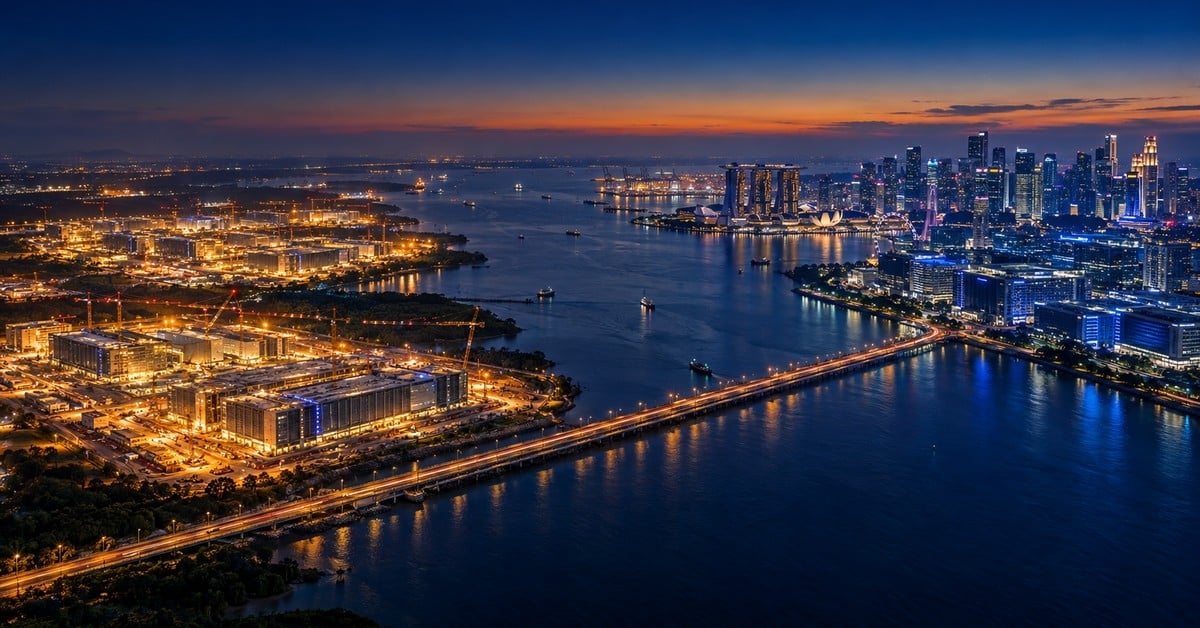 Aerial view of a brightly lit city skyline at sunset, with illuminated buildings, water, boats, and a bridge connecting two urban areas.