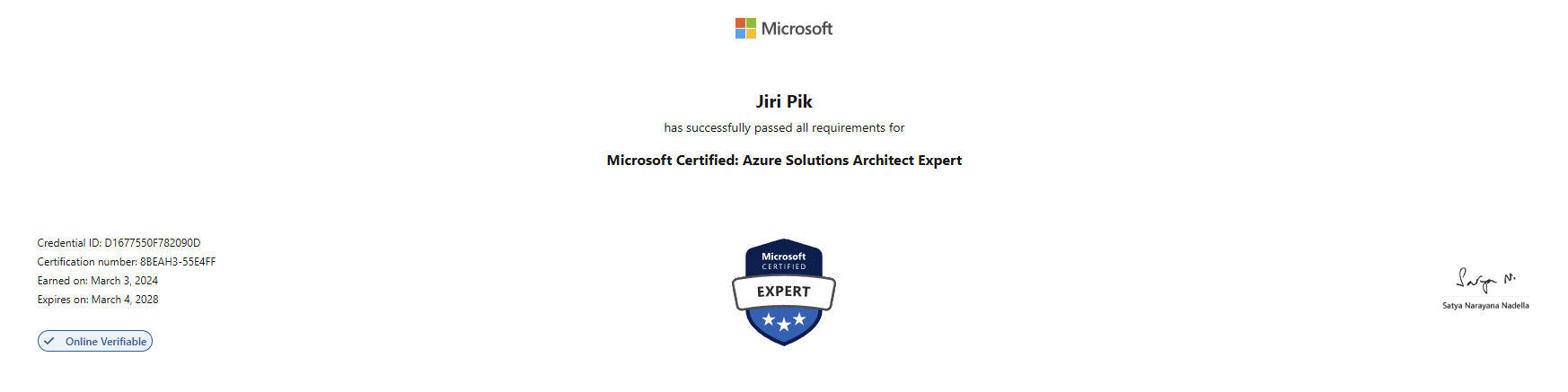 A Microsoft certificate awarded to Jiri Pik for passing requirements as a Microsoft Certified: Azure Solutions Architect Expert, displaying a badge and certification details.