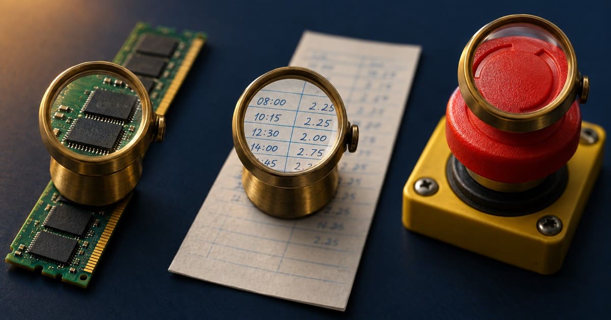 A RAM stick, a receipt with times and amounts under a magnifier, and a large red button on a blue surface.