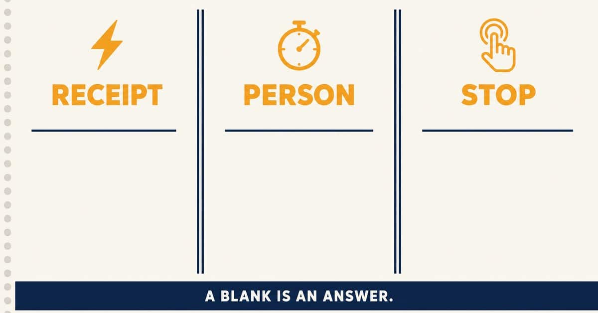 Three columns labeled Receipt with a lightning bolt, Person with a stopwatch, and Stop with a pointing finger icon. Text below reads: A BLANK IS AN ANSWER..