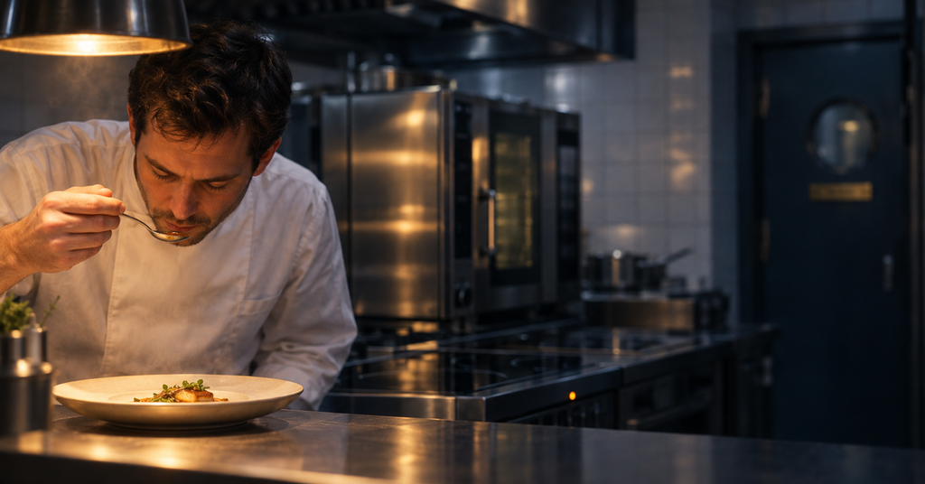 A chef in a white uniform tastes a dish from a spoon in a professional kitchen.