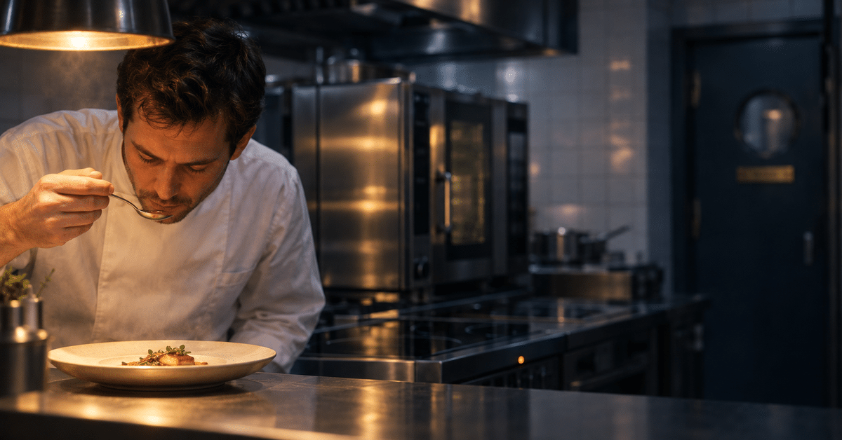 A chef in a white uniform tastes a dish from a spoon in a professional kitchen.