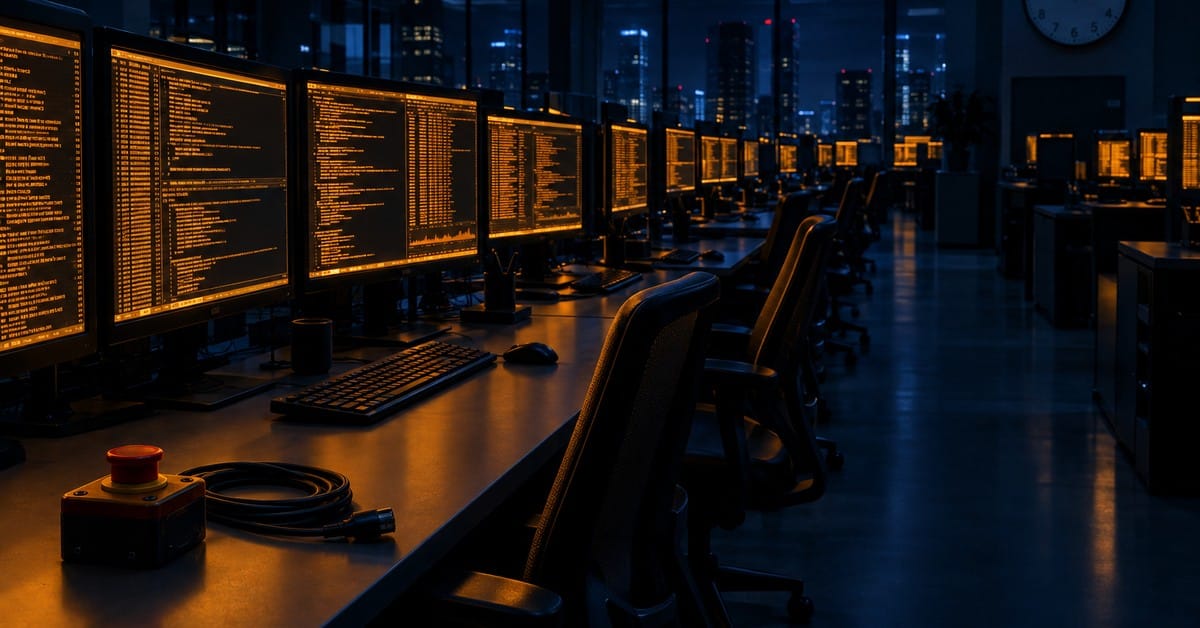 A dark office with multiple rows of computer monitors displaying orange code, empty chairs, and cables on desks; city lights visible through windows in the background.