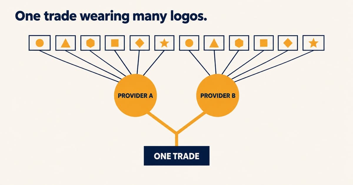 Diagram showing One trade wearing many logos, with icons linked to Provider A and Provider B, both pointing to a box labeled One Trade..