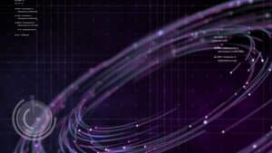 Abstract digital background with swirling purple and pink light trails and glowing dots on a dark grid. Circular interface elements and white text with data are displayed on the left and right sides.